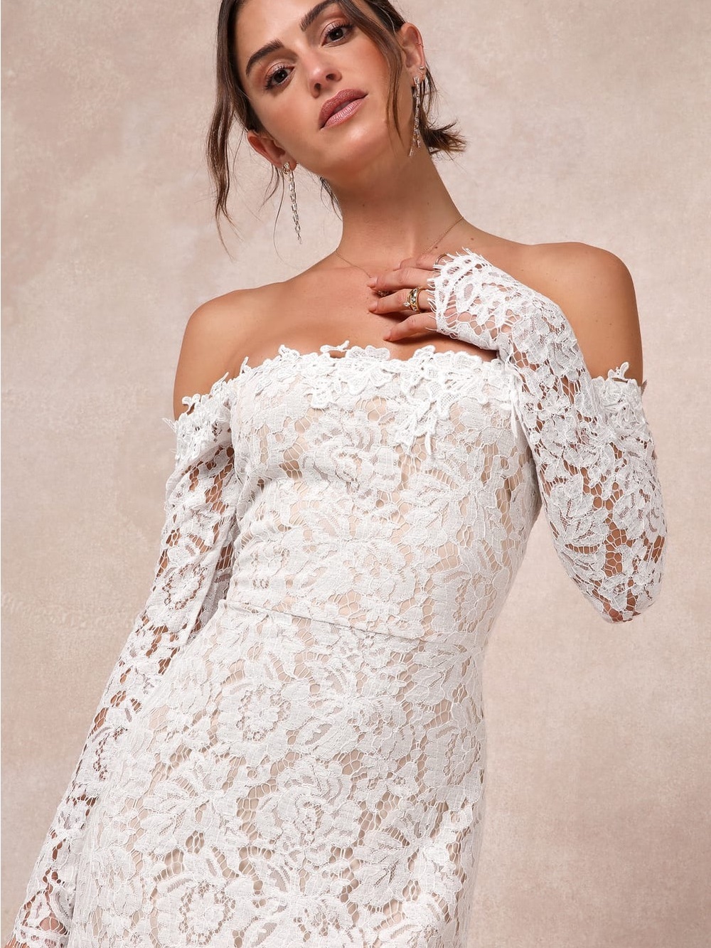 LIKE NEW Lulus Romance Dreamer White Lace Off-Shoulder Maxi Dress - Worn Once - Picture 5 of 10